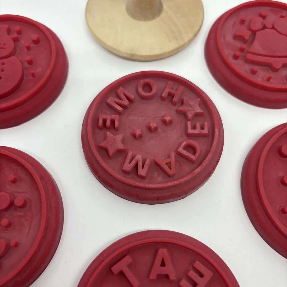 6 Wooden Rubber Silicone Stamp Cookie Press Circle Holiday‎ Home Made Christmas